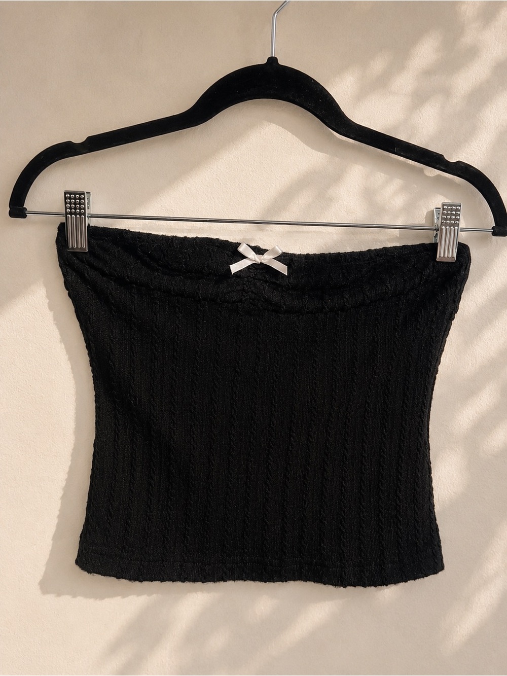 Black Ribbed Strapless Crop Top with Bow